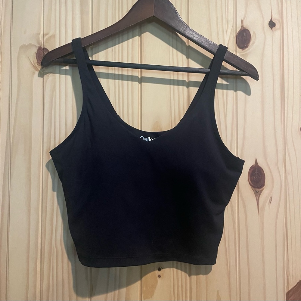 Oalka Womens Black V Neck Cropped Tank Top Built In Bra‎ Activewear Large